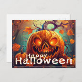 怖い見たオレンジ色のカボチャと顔、ハロウィーン シーズンポストカード (正面/裏面)