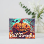 怖い見たオレンジ色のカボチャと顔、ハロウィーン シーズンポストカード (スタンド正面)