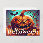 怖い見たオレンジ色のカボチャと顔、ハロウィーン シーズンポストカード (正面/裏面)