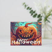 怖い見たオレンジ色のカボチャと顔、ハロウィーン シーズンポストカード (スタンド正面)