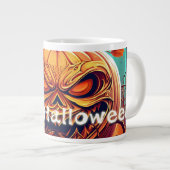 怖い見たオレンジ色のカボチャと顔、ハロウィーン ジャンボコーヒーマグカップ (正面右)