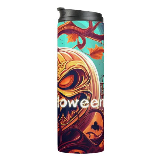 怖い見たオレンジ色のカボチャと顔、ハロウィーン タンブラー (回転右)