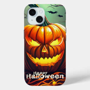 怖い見たオレンジ色のカボチャと顔、ハロウィーン iPhone 15ケース