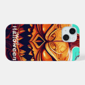 怖い見たオレンジ色のカボチャと顔、ハロウィーン iPhone 15ケース (裏面横)