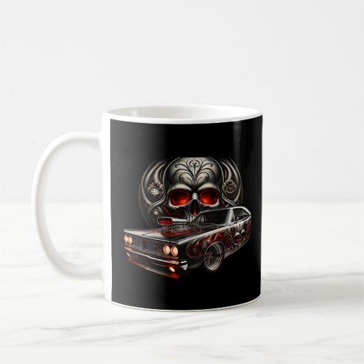 怖い赤いスカルと車 コーヒーマグカップ (左)