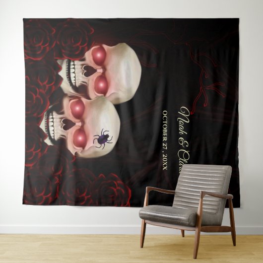 怖い赤いフローラ濃いムーディゴシックゴシックスカルハロウィン タペストリー (インサイチュ(横))