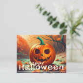 怖い顔のオレンジカボチャ、ハロウィン シーズンポストカード (スタンド正面)