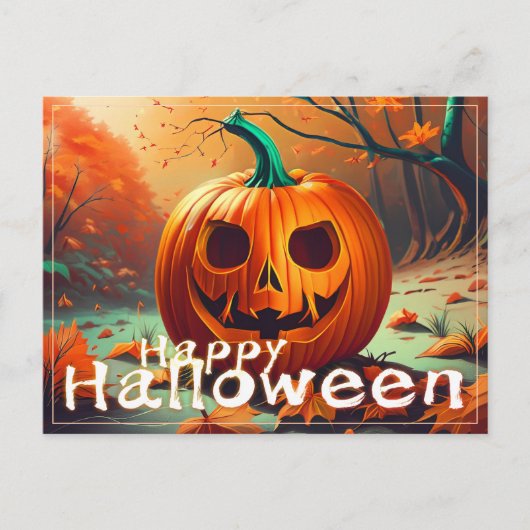 怖い顔のオレンジカボチャ、ハロウィン シーズンポストカード (正面)