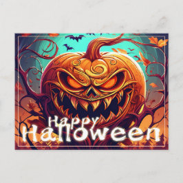 怖い顔のオレンジカボチャ、ハロウィン シーズンポストカード