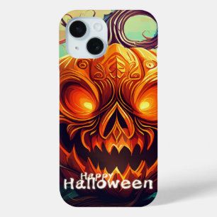 怖い顔のオレンジ色のかぼちゃ、ハロウィン iPhone 15ケース