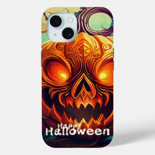怖い顔のオレンジ色のかぼちゃ、ハロウィン iPhone 15ケース
