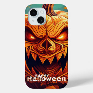 怖い顔のオレンジ色のカボチャ, ハロウィン iPhone 15ケース