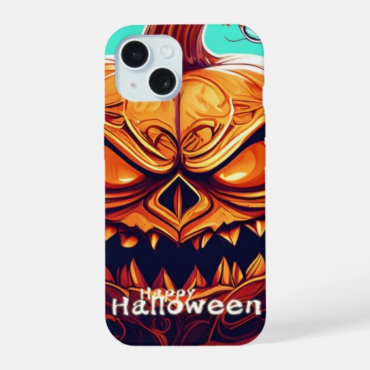 怖い顔のオレンジ色のカボチャ, ハロウィン iPhone 15ケース (裏面)