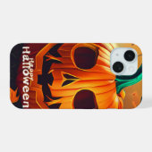 怖い顔のオレンジ色のカボチャ, ハロウィン iPhone 15ケース (裏面横)