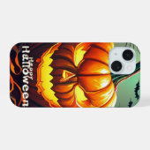 怖い顔のオレンジ色のカボチャ, ハロウィン iPhone 15ケース (裏面横)