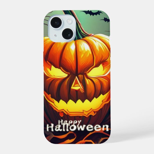 怖い顔のオレンジ色のカボチャ, ハロウィン iPhone 15ケース (裏面)