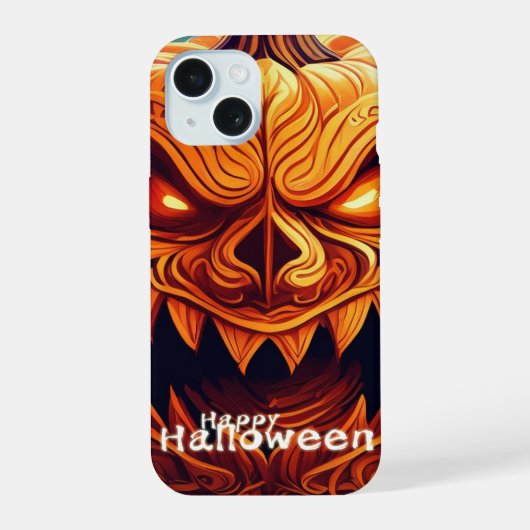 怖い顔のオレンジ色のカボチャ, ハロウィン iPhone 15ケース (裏面)