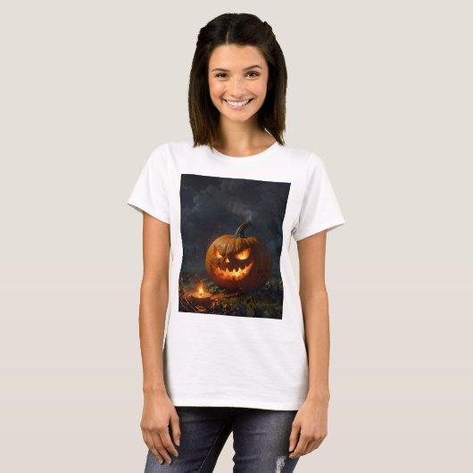 怖い顔のハロウィーンのカボチャ Tシャツ (正面フル)