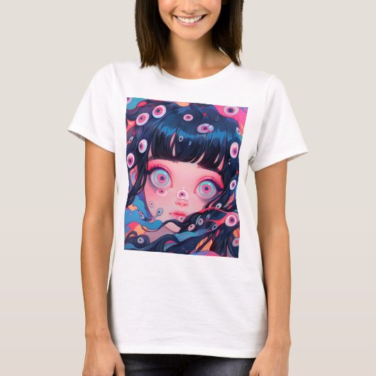 怖い風変わりかわいいアニメの少女 Tシャツ (正面)