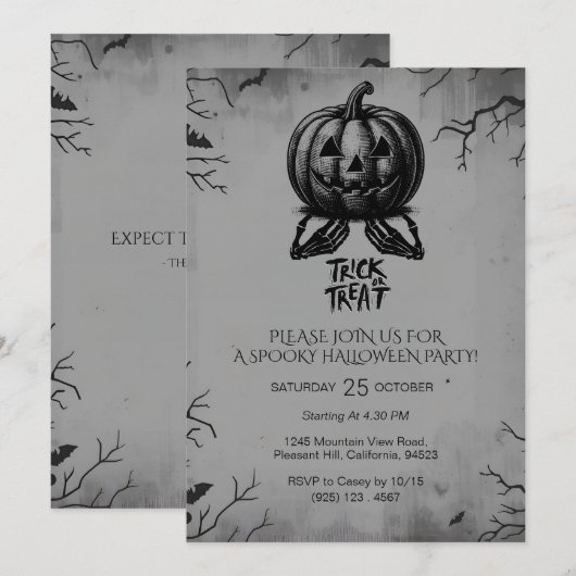 怖い骸骨パンプキン　トリックオアトリート　不気味なパーティー 招待状 (正面/裏面)