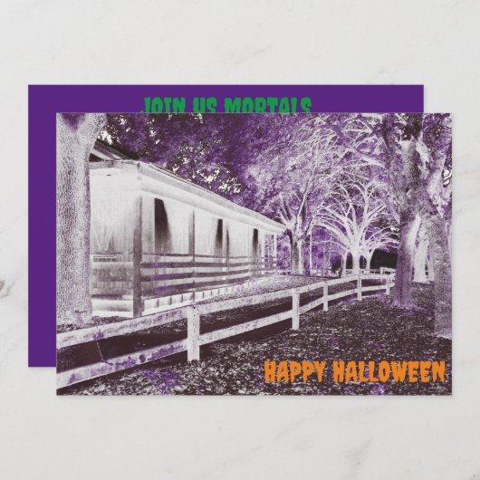 怖い黒と紫のキャビンウッズハローウィンパーティ 招待状 (正面/裏面)