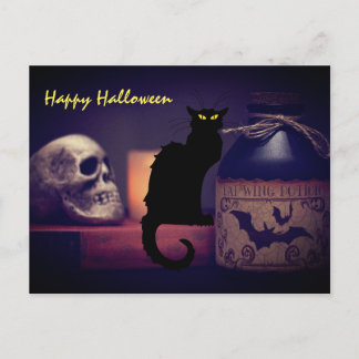 怖い黒猫とスカルハッピーハローウィン ポストカード