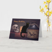 怖い黒猫とスカルハロウィンハッピーバースデー カード (黄色い花)