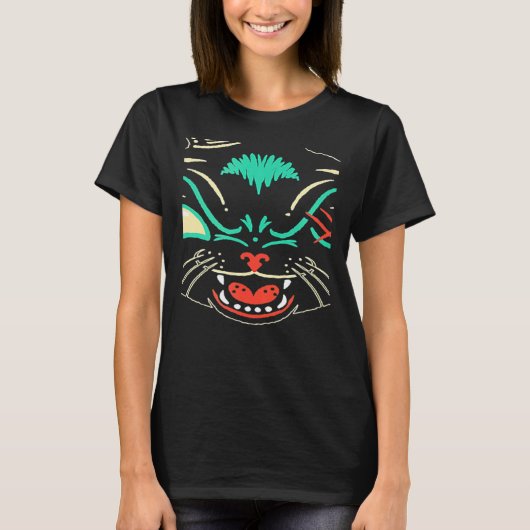 怖い黒猫顔グラフィックキャットハロウィン Tシャツ (正面)