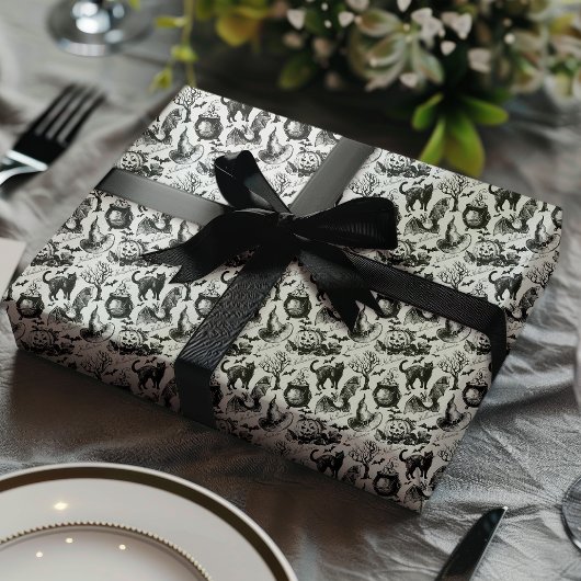 怖い黒猫、コウモリ＆かぼちゃのハロウィン ラッピングペーパー