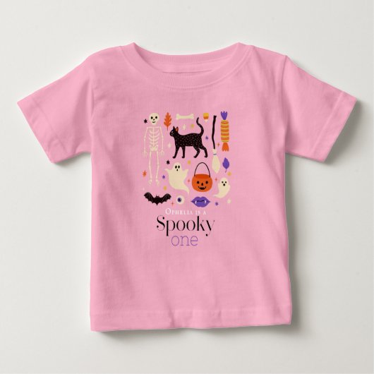 怖い1歳 ハロウィンモチーフ ピンク 1歳誕生日 ベビーTシャツ (正面)