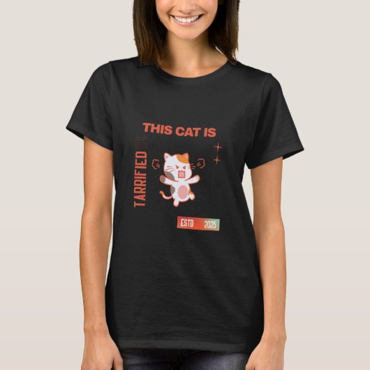 怖がるネコ 関税 おもしろフレーズ Tシャツ (正面)