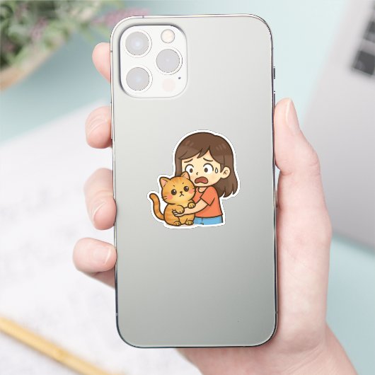怖がる女の子が猫を抱っこ シール (スマートフォン)