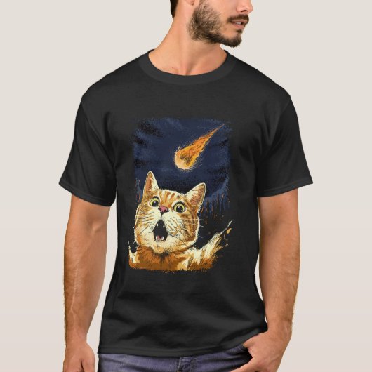 怖がる猫の自撮り 猫 隕石 隕石衝突 ダ Tシャツ (正面)
