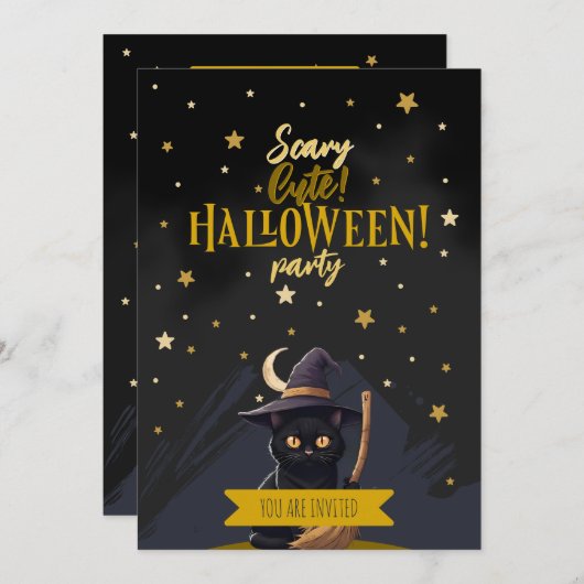 怖くてかわいい黒猫ウィッチハットハローウィンパーティ 招待状 (正面/裏面)
