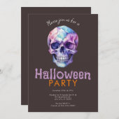 怖くて不気味なブルー&パープルスカルハローウィンパーティ 招待状 (正面/裏面)