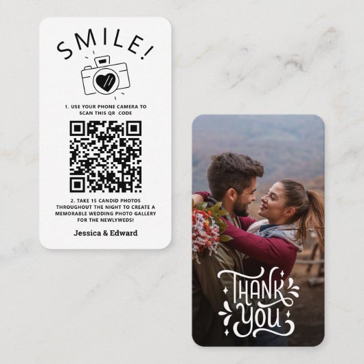 思い出に残る写真Qrコードブラックシックモダン結婚ズ プレイスカード (正面/裏面)