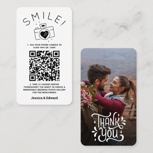 思い出に残る写真Qrコードブラックシックモダン結婚ズ プレイスカード (正面/裏面)