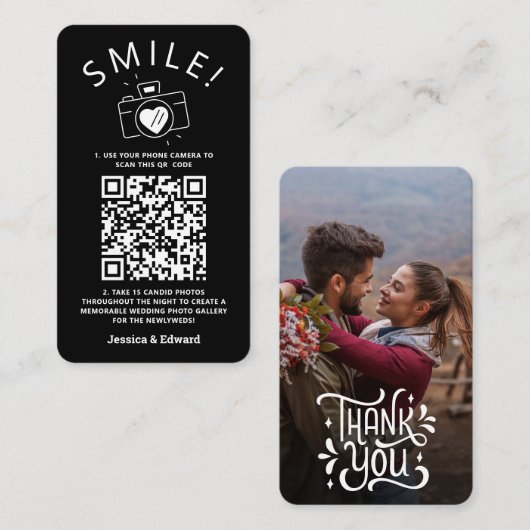 思い出に残る写真Qrコードブラックシックモダン結婚ズ プレイスカード (正面/裏面)