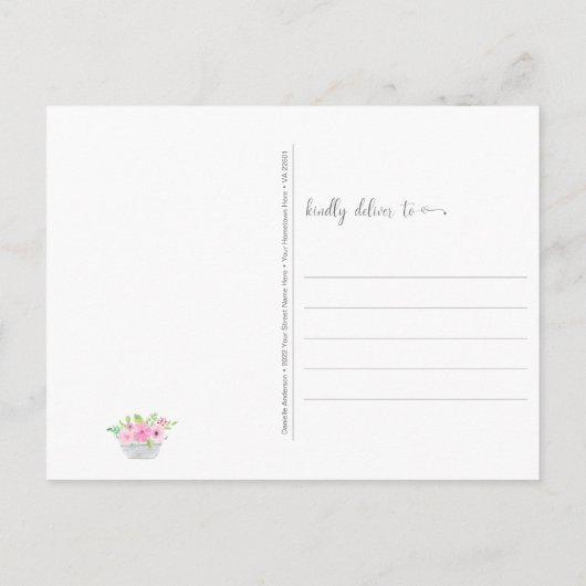 思い出のピンクと白の花の水やりの缶 ポストカード (裏面)