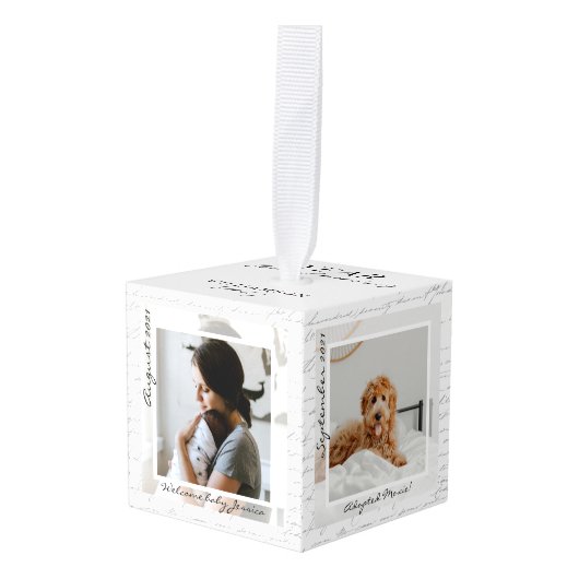 思い出の満載の年ファミリーフォトメモリーキープサケ キューブオーナメント (正面アングル)