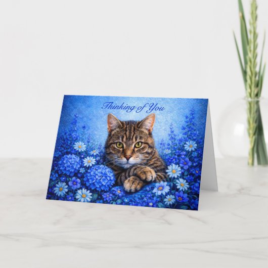 思い出の青い花のタビー猫カード カード (正面)