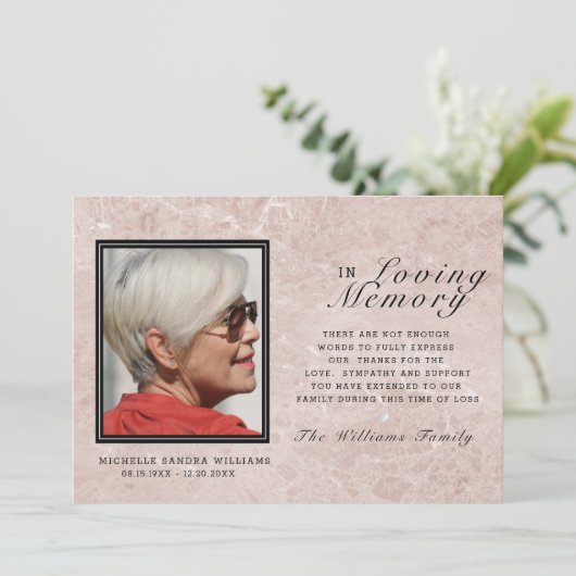 思い出を愛して |大理石ピンク記念写真カード サンキューカード (スタンド正面)