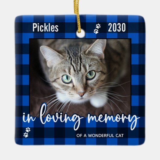 思い出を愛するペットキャットメモリアルブループレイド セラミックオーナメント (正面)