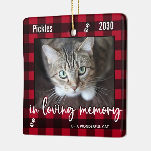 思い出を愛するペット猫メモリアルレッドプレイド写真 セラミックオーナメント (左)