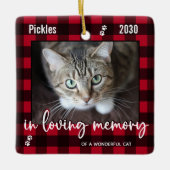 思い出を愛するペット猫メモリアルレッドプレイド写真 セラミックオーナメント (正面)