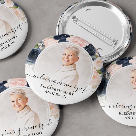 思い出を愛する葬儀海軍ピンクのフローラ写真 缶バッジ