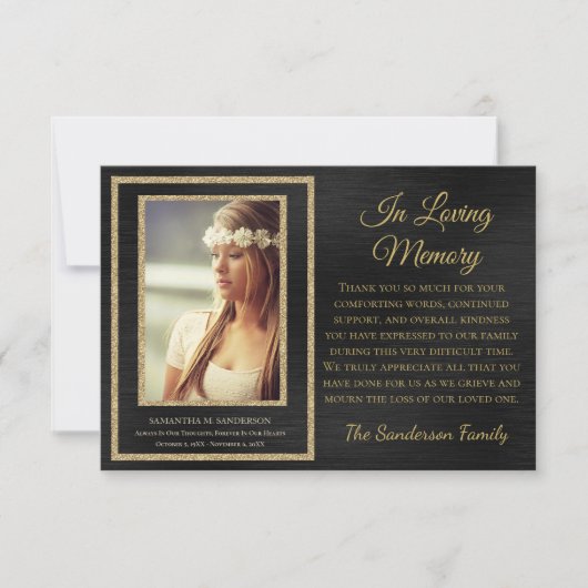 思い出エレガントの黒い金ゴールド サンキューカード (正面)