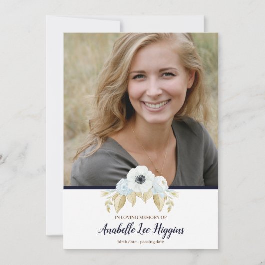 思い出エレガントを愛する葬儀の青いフローラ サンキューカード (正面)