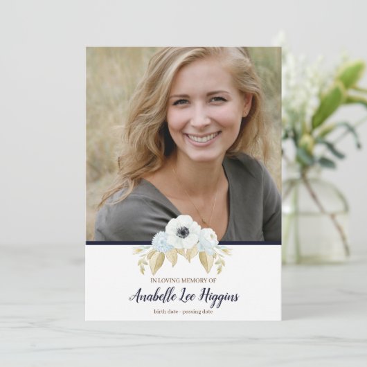 思い出エレガントを愛する葬儀の青いフローラ サンキューカード (スタンド正面)