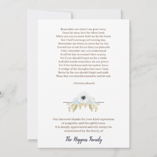 思い出エレガントを愛する葬儀の青いフローラ サンキューカード (裏面)